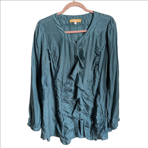 CRISCA Tile Green Lagenlook Artsy Ruffled Button Front Shirt Blouse 38/Medium